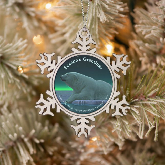 Season's Greetings - Ice Edge Polar Bear Snowflake Pewter Christmas Ornament (Tree)