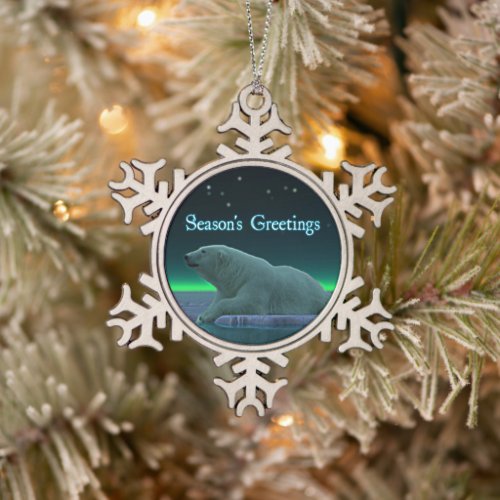 Seasons Greetings _ Ice Edge Polar Bear Snowflake Pewter Christmas Ornament