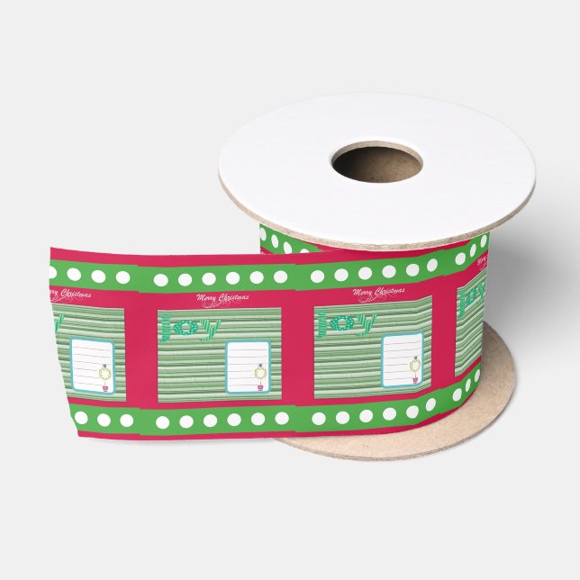 Seasons Greetings, Joy Merry Christmas GreenRibbon Satin Ribbon (Spool)