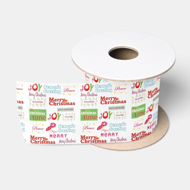 Seasons Greetings, Joy Merry Christmas White  Satin Ribbon (Spool)