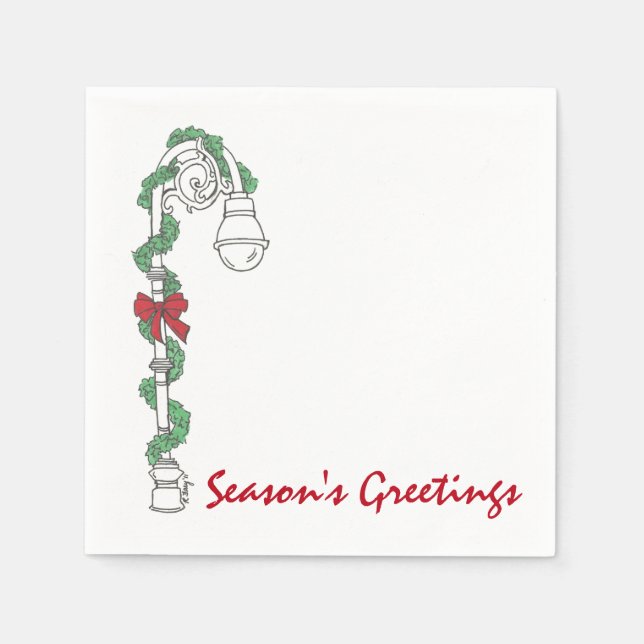 Season's Greetings Lamppost Bow Christmas Holiday Paper Napkins (Front)