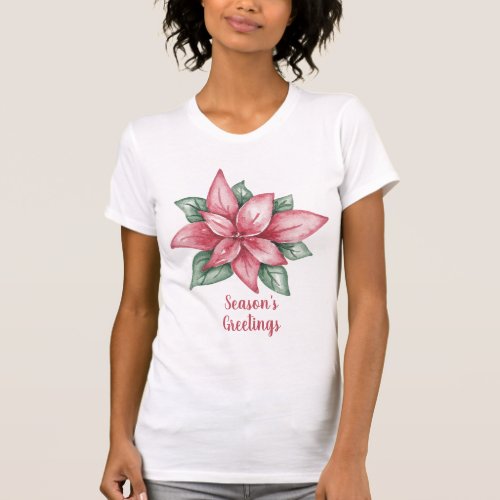 Seasons Greetings Large Pink Poinsettia T_Shirt