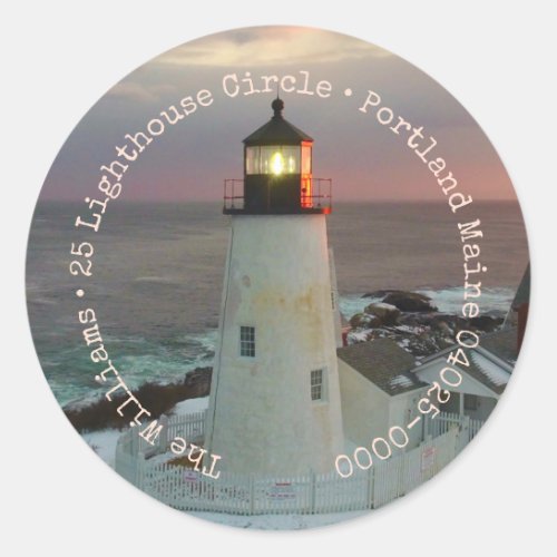 Seasons Greetings Lighthouse Return Address Classic Round Sticker