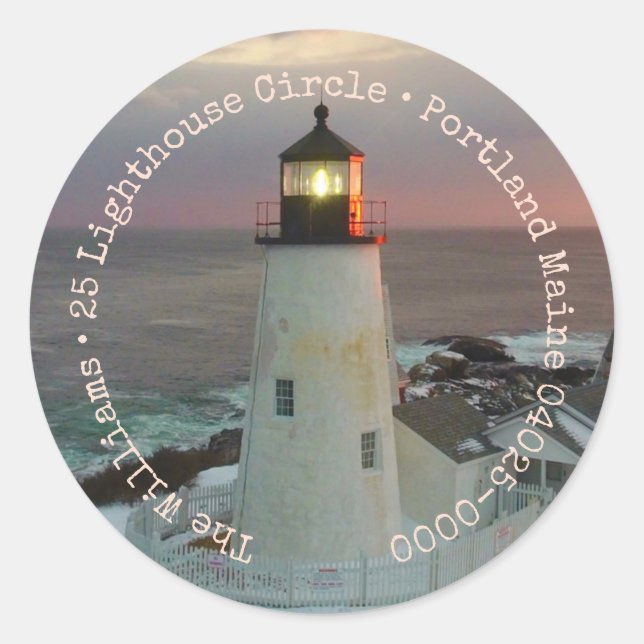 Seasons Greetings Lighthouse Return Address Classic Round Sticker (Front)