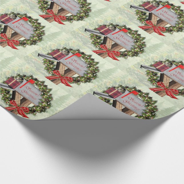 Season's Greetings Mailbox Wreath Wrapping Paper (Corner)