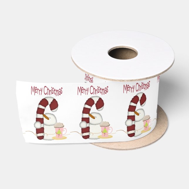 Seasons Greetings, Merry Christmas Snowman Coffee Satin Ribbon (Spool)