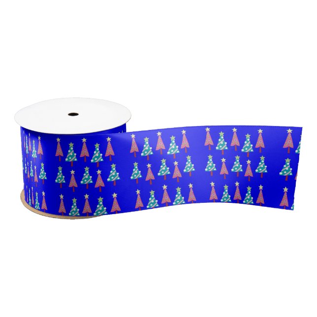 Seasons Greetings, Merry Christmas Trees Blue  Satin Ribbon (Spool)