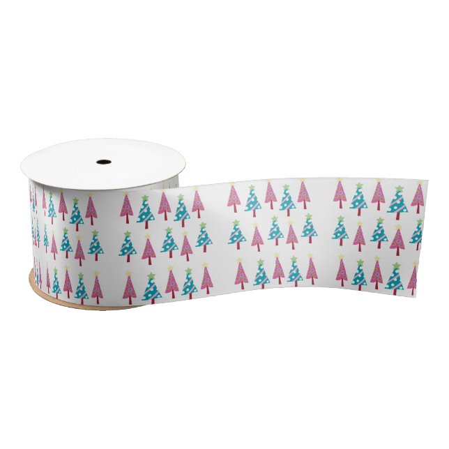 Seasons Greetings, Merry Christmas Trees White Satin Ribbon (Spool)