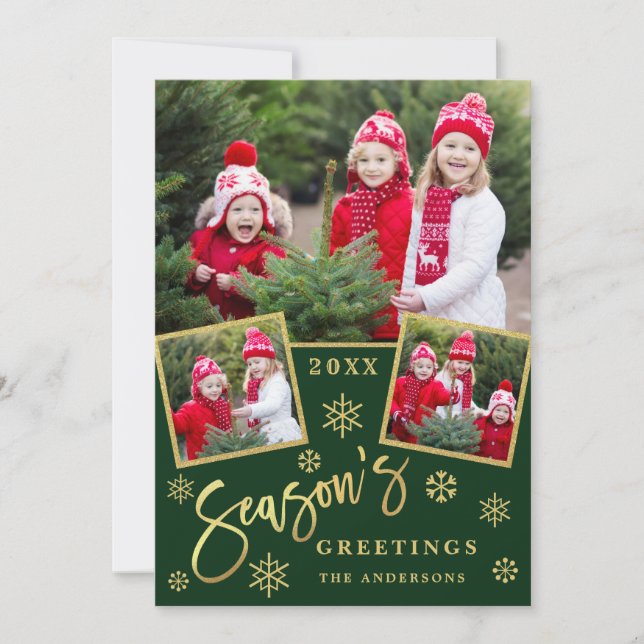 Season's Greetings Modern 3 PHOTO Greeting Holiday Card (Front)