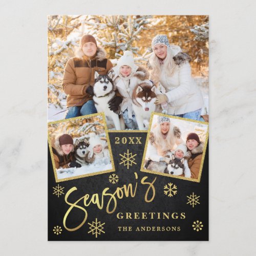 Seasons Greetings Modern 3 PHOTO Greeting Holiday Card