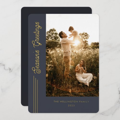 Seasons Greetings Modern Blue Photo Gold Foil Holiday Card