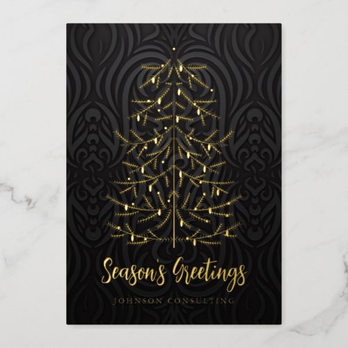 Seasons Greetings Modern Christmas Tree Damask Foil Holiday Card