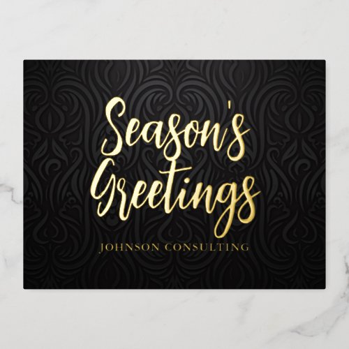 Seasons Greetings Modern Elegant Black Damask Foil Holiday Postcard