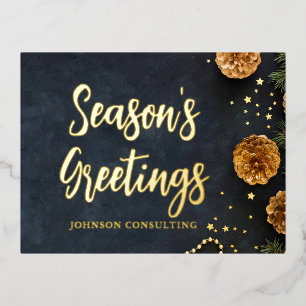 Season's Greetings Modern Gold Pine Cones Stars Foil Holiday Postcard