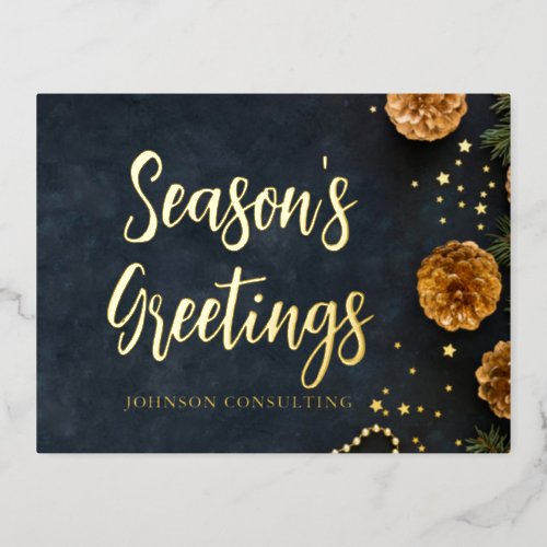 Seasons Greetings Modern Gold Pine Cones Stars Foil Holiday Postcard