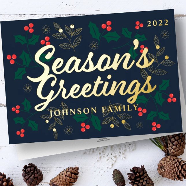 Season's Greetings Modern Holly Berries Foliage Foil Holiday Card (Creator Uploaded)