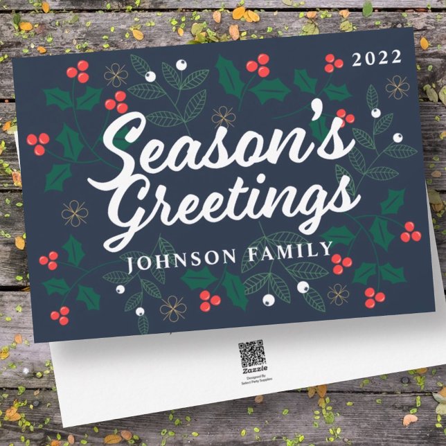 Season's Greetings Modern Holly Berries Foliage Holiday Card (Creator Uploaded)