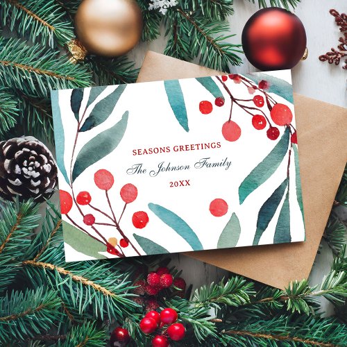 Seasons Greetings Modern Minimal Watercolor Floral Holiday Card