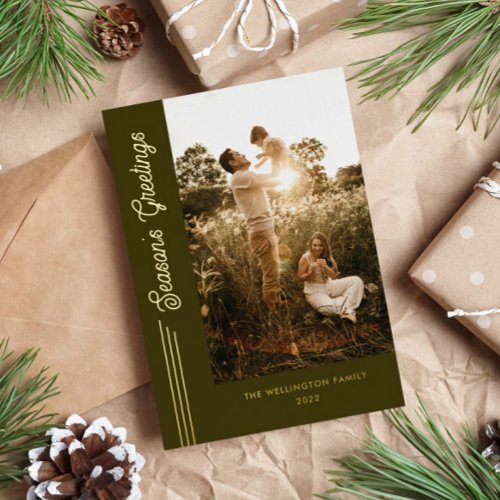Seasons Greetings Modern Olive Green Photo  Foil Holiday Card