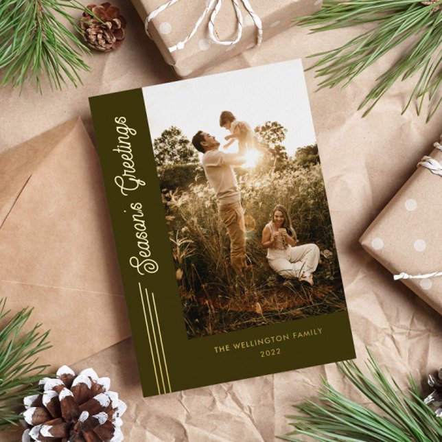 Season's Greetings Modern Olive Green Photo  Foil Holiday Card (Creator Uploaded)