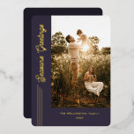 Season's Greetings Modern Purple Photo Gold Foil Holiday Card<br><div class="desc">Spread some holiday cheer with this elegant real gold foil Christmas Card with "Season's Greetings" in dark purple, your image of choice, retro-inspired script font and your family name. Customize this modern Holiday card with your photo of choice. All colors of this Christmas greeting card design can be changed in...</div>
