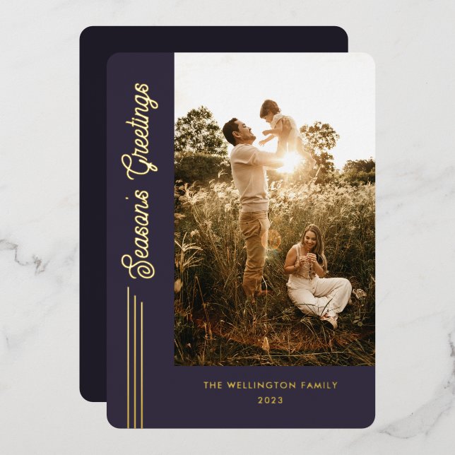 Season's Greetings Modern Purple Photo Gold Foil Holiday Card (Front/Back)