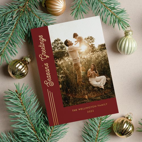 Seasons Greetings Modern Red Photo Gold Foil Holiday Card