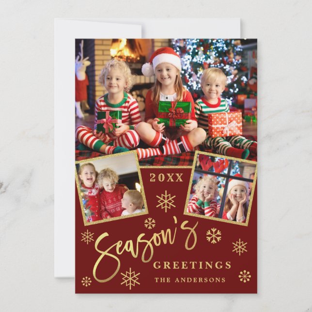 Season's Greetings Modern Script 3 PHOTO Collage Holiday Card (Front)