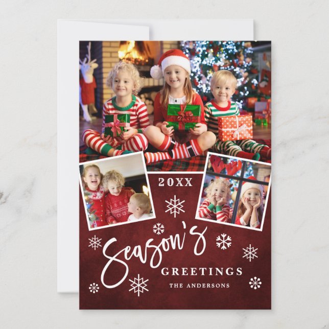 Season's Greetings Modern Script 3 PHOTO Collage Holiday Card (Front)