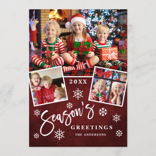 Seasons Greetings Modern Script 3 PHOTO Collage Holiday Card