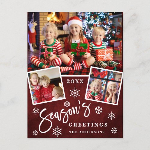 Seasons Greetings Modern Script 3 PHOTO Greeting Postcard