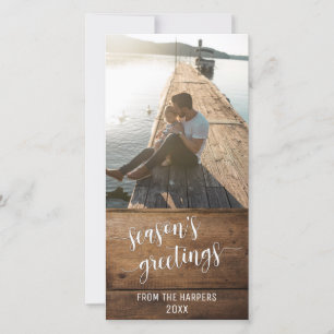Season's Greetings Modern Script Brown Rustic Wood Holiday Card