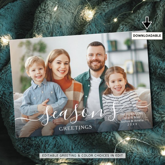 SEASON'S GREETINGS Modern Script Photo Overlay Holiday Card (Creator Uploaded)