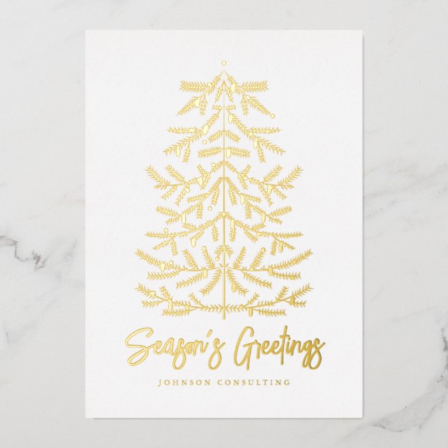 Season's Greetings Modern Simple Christmas Tree Foil Holiday Card (Front)