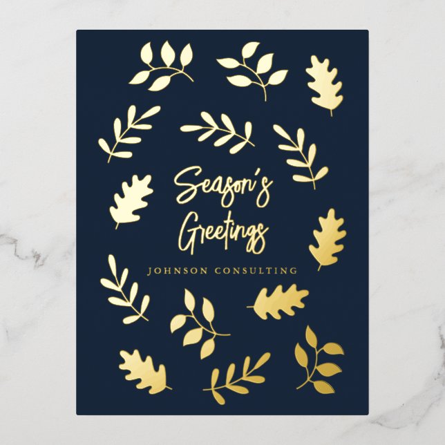 Season's Greetings Modern Simple Foliage Botanical Foil Holiday Postcard (Front)