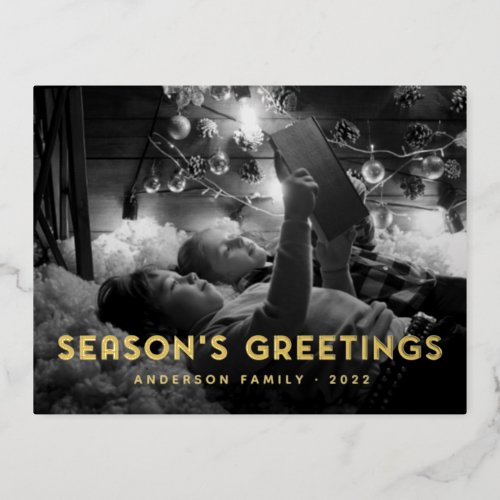 Seasons Greetings Modern Simple Typography Foil Holiday Postcard