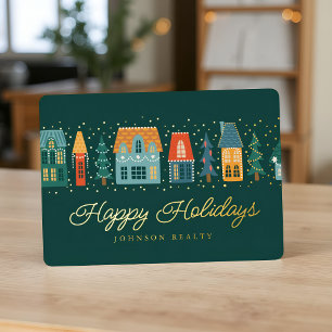 Season's Greetings Modern Winter Snow Village Foil Holiday Card