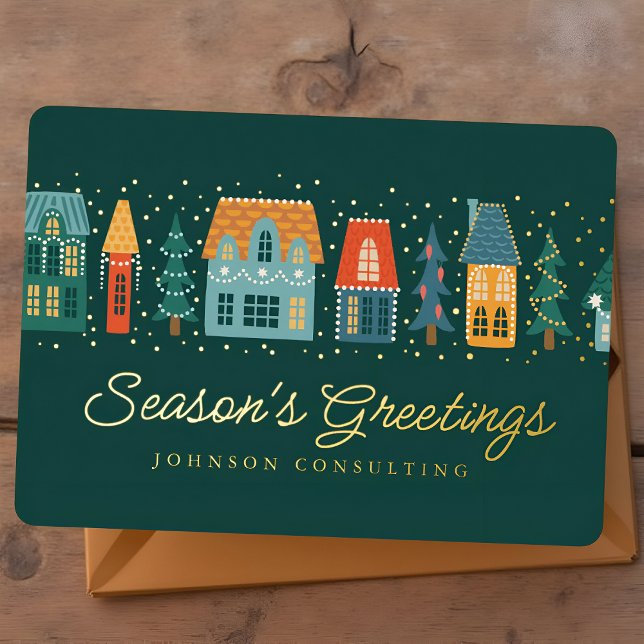 Season's Greetings Modern Winter Snow Village Foil Holiday Card (Creator Uploaded)