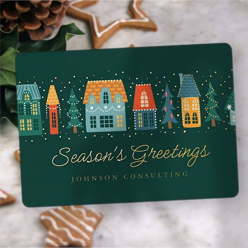 Seasons Greetings Modern Winter Snow Village Foil Holiday Card
