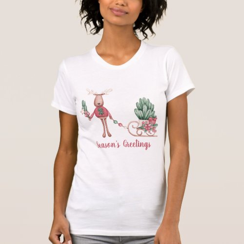 Seasons Greetings Moose Pulling A Sleigh T_Shirt