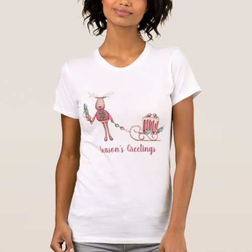 Seasons Greetings Moose Pulling A Sleigh T_Shirt