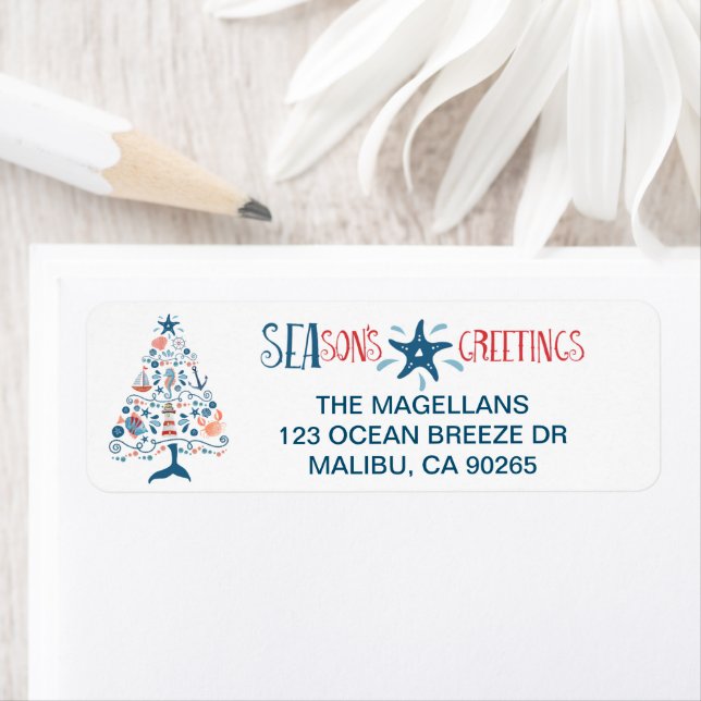 SEAsons Greetings Nautical Christmas Tree Address Label (Insitu)