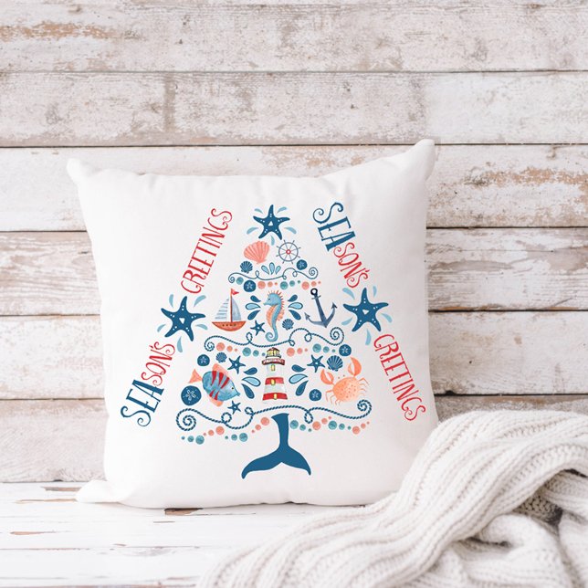 SEAsons Greetings Nautical Tree Coastal Christmas Throw Pillow (Creator Uploaded)