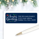 Seasons Greetings Navy Blue Holiday Return Address Label<br><div class="desc">Dress up your envelopes in style this holiday season! The label design features a "Season's Greetings" script text design with green and red Christmas evergreen wreath and berries,  white return address text,  and navy blue background color that can be personalized.</div>