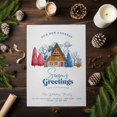SEASONS GREETINGS NEW HOME BLUE RED VINTAGE HOME  HOLIDAY CARD