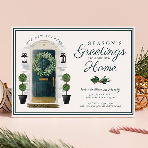 Seasons Greetings New Home Green Watercolor Door Holiday Card