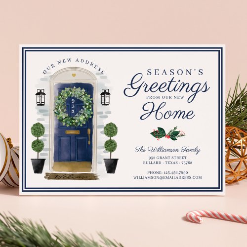 Seasons Greetings New Home Navy Watercolor Door Holiday Card