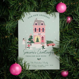 Seasons Greetings New Home Pink Vintage Home & Van Holiday Card