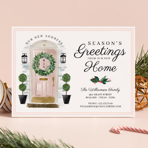Seasons Greetings New Home Pink Watercolor Door Holiday Card