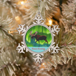 Season's Greetings - Northern Lights Moose Snowflake Pewter Christmas Ornament